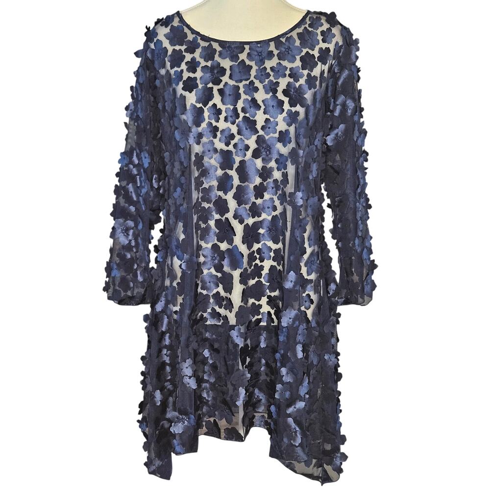Gorgeous Sheer Navy A-line L/S Spring-Summer Dress 42-Bust 33-Length H33
